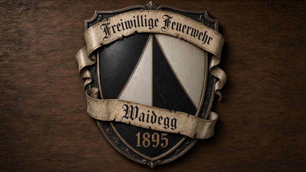 Altes Wappenschild der Freiwilligen Feuerwehr Waidegg mit Schriftband und der Jahreszahl 1895
